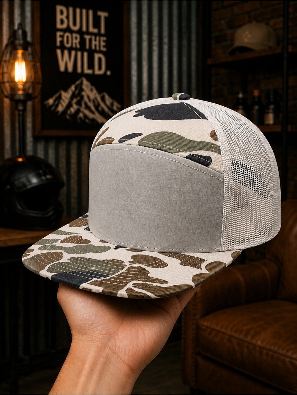 Light Gray Camo Trucker Snapback Hat Blank Flat Bill Mesh Adjustable Cap